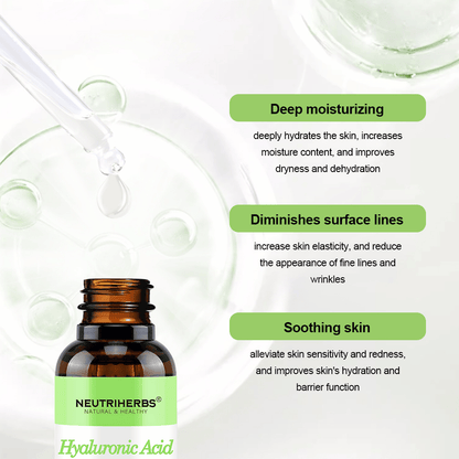 Neutriherbs Hyaluronic Acid + Vitamin C Serum 30 ml. Moisturizing facial serum with hyaluronic acid and vitamin C that provides intense hydration, soothes sensitive skin, strengthens the skin barrier, and helps reduce fine lines and wrinkles.
