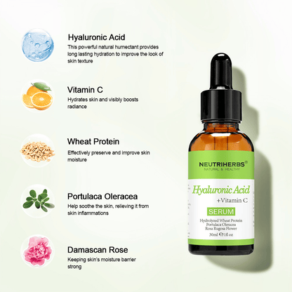 Neutriherbs Hyaluronic Acid + Vitamin C Serum 30 ml with hyaluronic acid, vitamin C, hydrolyzed wheat protein, Portulaca Oleracea, and damask rose. Moisturizing facial serum that strengthens the skin barrier, soothes the skin, and provides increased radiance.
