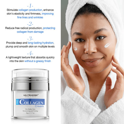 Neutriherbs Pro Collagen Cream 50 g moisturizing face cream with collagen. Image showing the cream applied to the skin and highlighting the product’s properties: stimulates collagen production, contributes to firmer skin, provides long-lasting hydration, and absorbs quickly without feeling greasy.