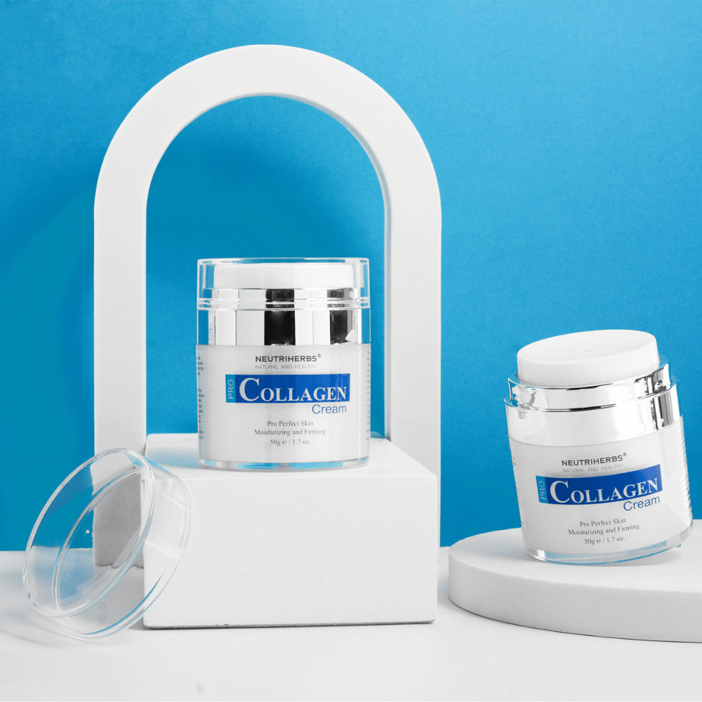 Neutriherbs Pro Collagen Cream 50 g photographed against a blue background. Two product images show the elegant cream jar and the airtight pump packaging that helps preserve the product’s quality and makes dispensing hygienic.