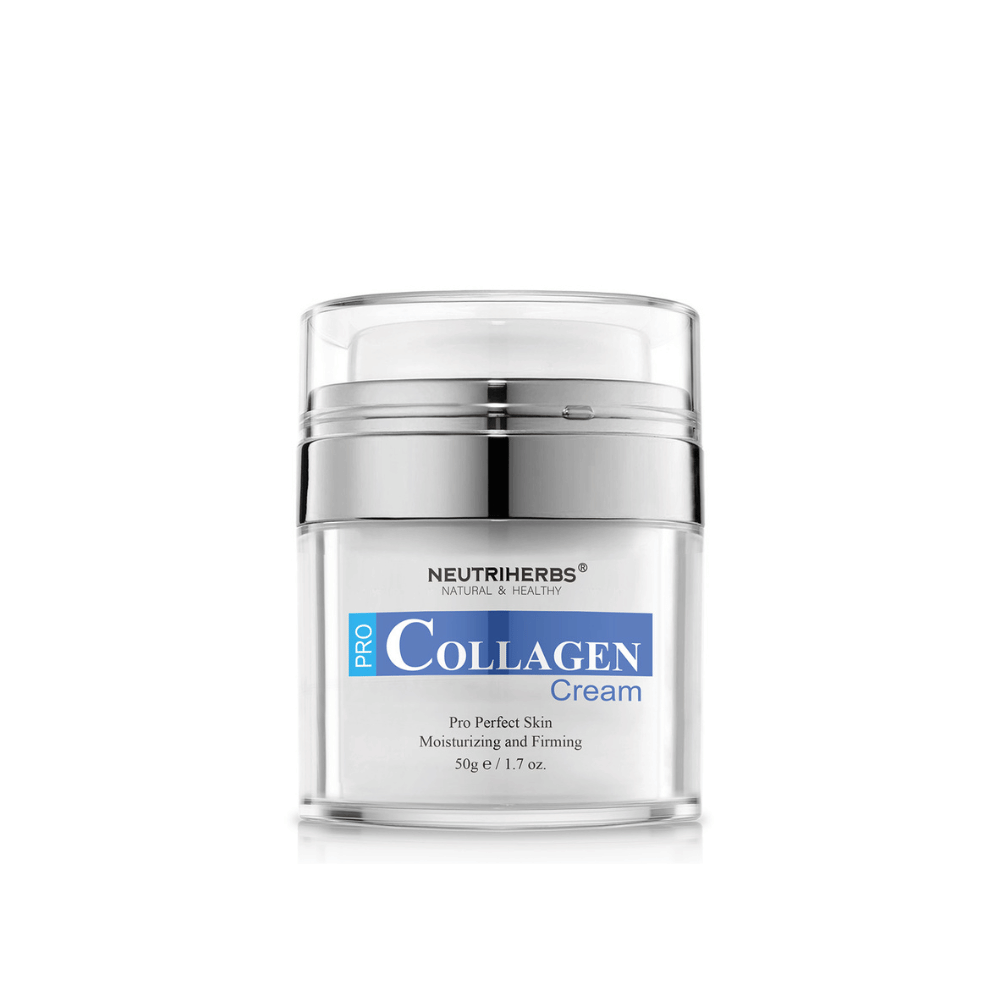 Neutriherbs Pro Collagen Cream 50 g in a sleek jar. A moisturizing and firming face cream developed to improve the skin’s elasticity, provide long-lasting hydration, and help promote firmer skin with a soft and supple feel.