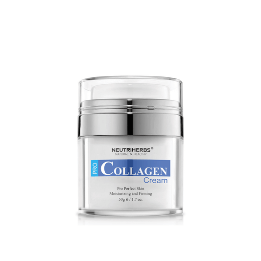 Neutriherbs Pro Collagen Cream 50 g in a sleek jar. A moisturizing and firming face cream developed to improve the skin’s elasticity, provide long-lasting hydration, and help promote firmer skin with a soft and supple feel.