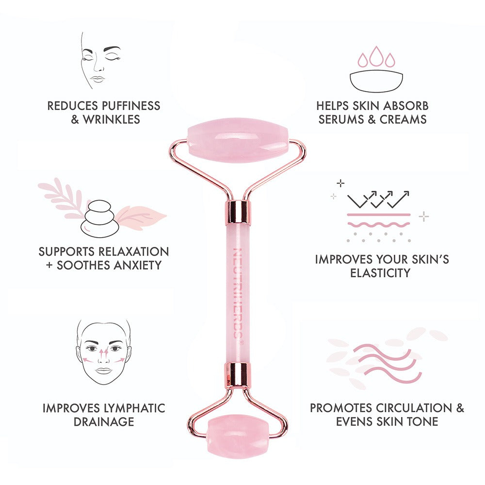 Neutriherbs pink quartz roller for facial massage that complements the daily skincare routine.