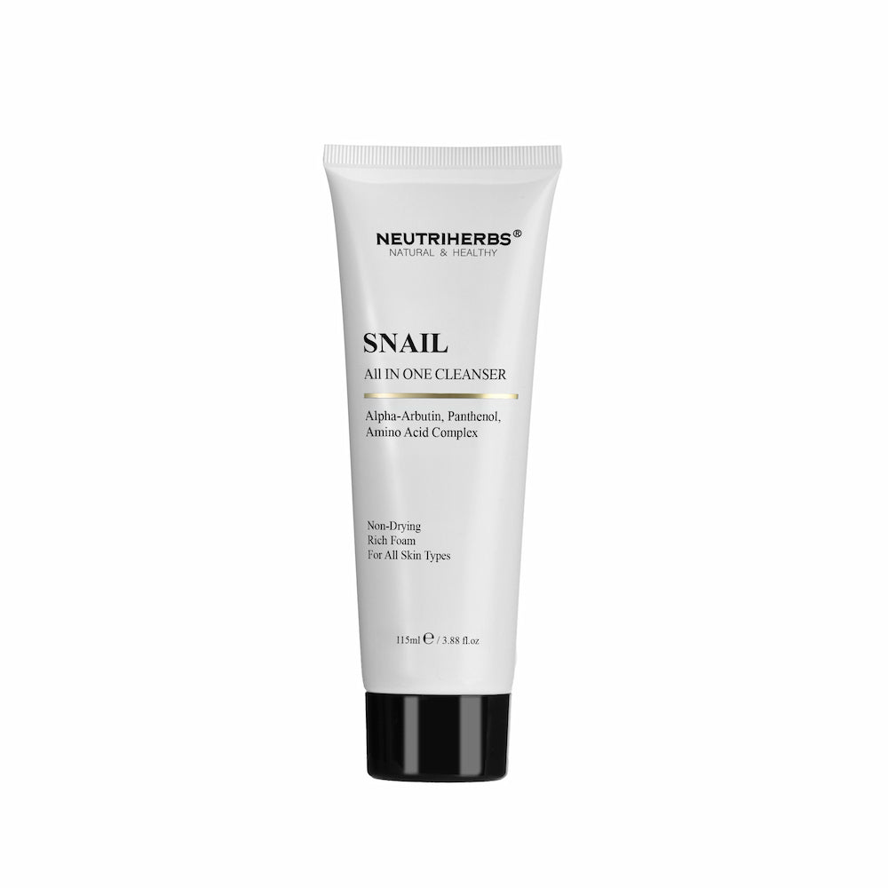 Neutriherbs Snail All In One Cleanser 115 ml – gentle facial cleanser with snail extract, alpha-arbutin, and panthenol for all skin types.