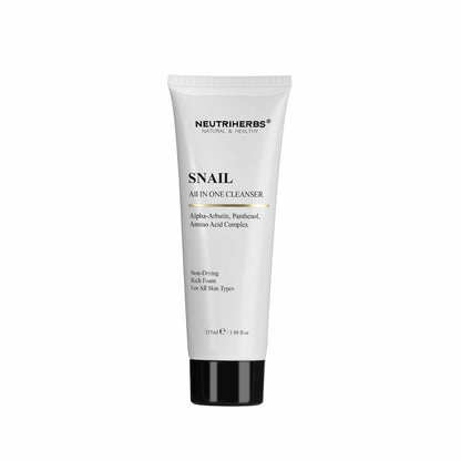 Neutriherbs Snail All In One Cleanser 115 ml – gentle facial cleanser with snail extract, alpha-arbutin, and panthenol for all skin types.