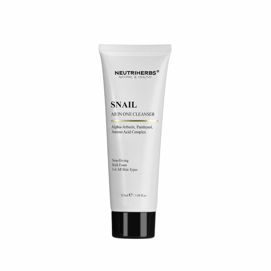 Neutriherbs Snail All In One Cleanser 115 ml – gentle facial cleanser with snail extract, alpha-arbutin, and panthenol for all skin types.