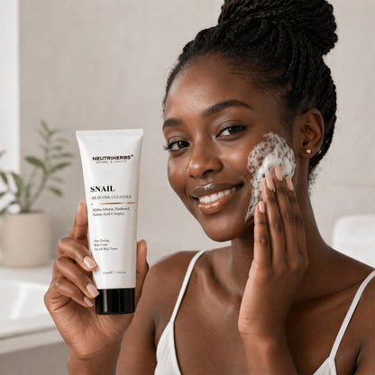 Woman using Neutriherbs Snail All In One Cleanser with rich cleansing foam for gentle facial cleansing. Moisturizing face wash that effectively cleanses the skin without drying it out and is suitable for all skin types.