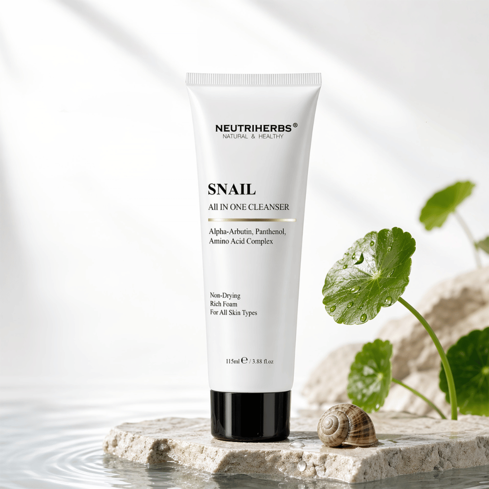 Neutriherbs Snail All In One Cleanser face wash with snail mucin, Alpha-Arbutin, and Panthenol. Gentle cleansing that removes dirt and makeup, moisturizes the skin, and is suitable for all skin types.