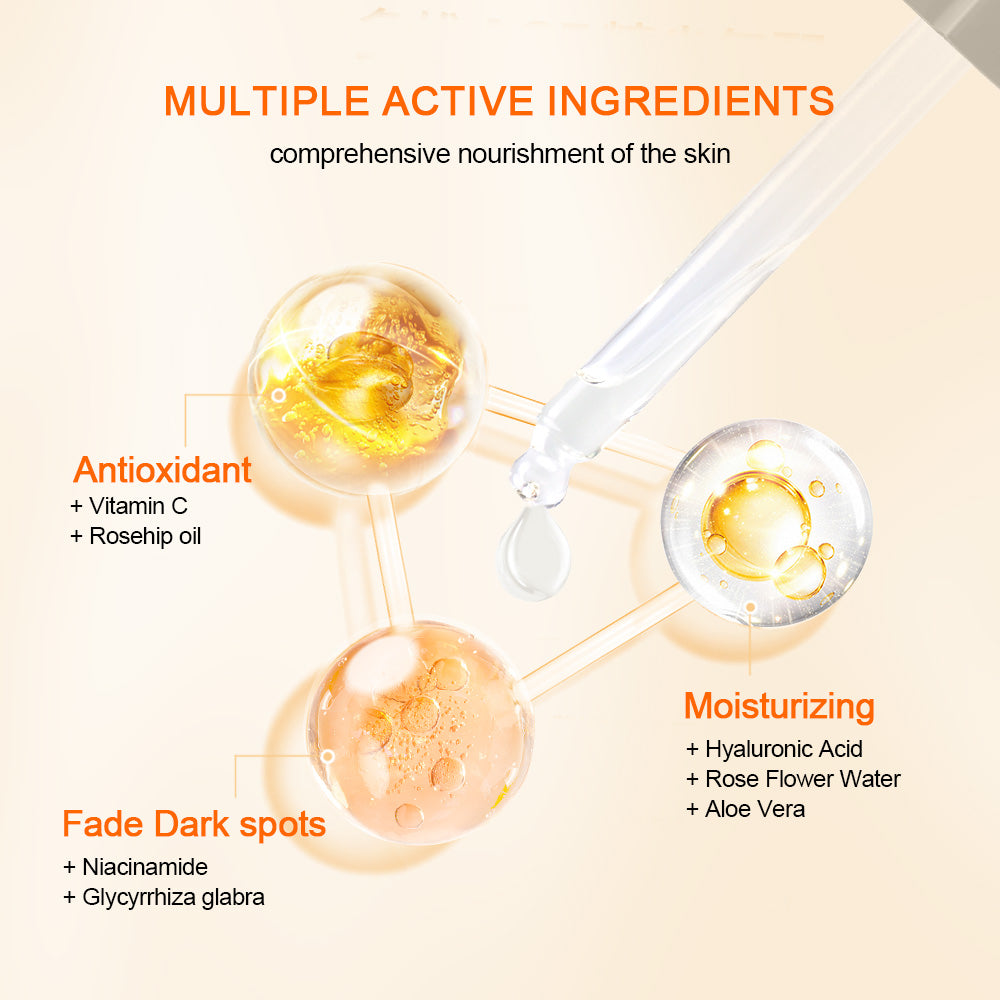 Illustration showing the active ingredients in Neutriherbs Vitamin C + Hyaluronic Acid Serum. Vitamin C and rosehip oil provide antioxidant protection, hyaluronic acid, rose water, and aloe vera hydrate the skin, while niacinamide and licorice root help reduce pigmentation spots and promote a more even skin tone.
