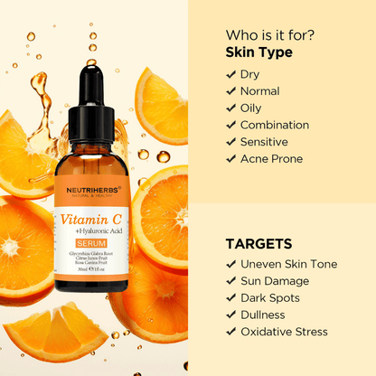 Neutriherbs Vitamin C + Hyaluronic Acid Serum 30 ml with oranges. The illustration shows that the serum is suitable for all skin types, including sensitive and acne-prone skin, and is developed for uneven skin tone, pigmentation spots, sun damage, dullness, and oxidative stress.