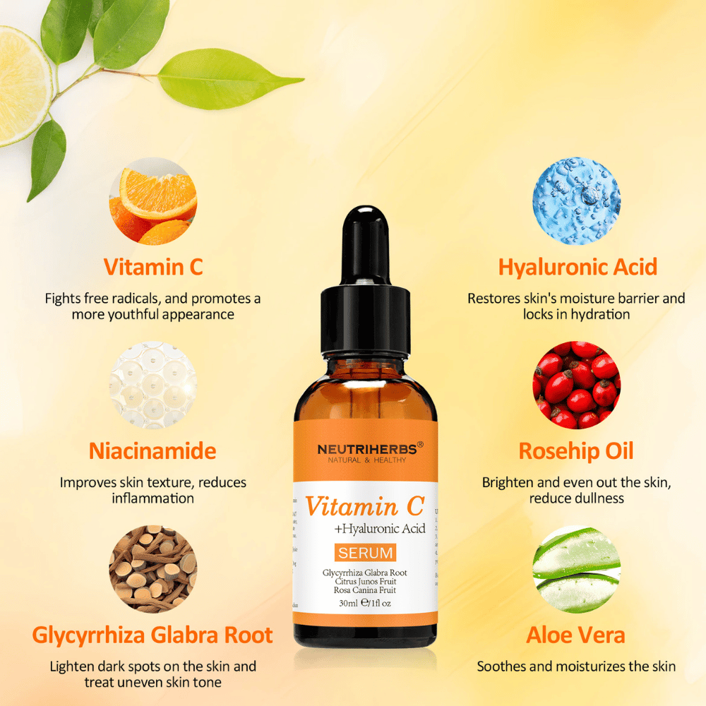 Illustration of the key ingredients in Neutriherbs Vitamin C + Hyaluronic Acid Serum 30 ml. Shows vitamin C, hyaluronic acid, niacinamide, rosehip oil, licorice root, and aloe vera – ingredients that hydrate the skin, boost radiance, even out skin tone, and strengthen the skin barrier.