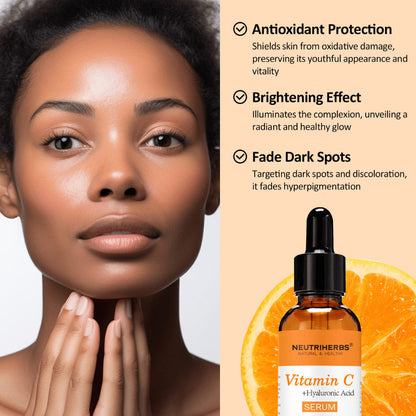 Woman with even, radiant skin together with Neutriherbs Vitamin C + Hyaluronic Acid Serum 30 ml. Serum with vitamin C and hyaluronic acid that helps protect the skin against free radicals, boost radiance, and reduce the visibility of pigmentation spots.